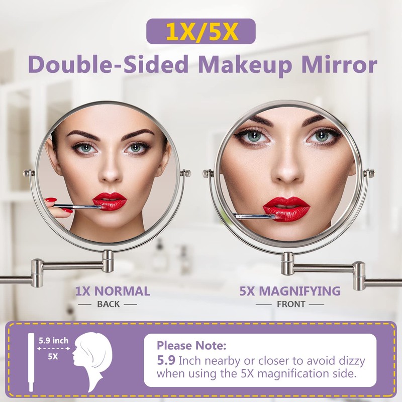 Wall Mounted Makeup Mirror, 1X/5X Magnifying Mirror Double Sided, 8
