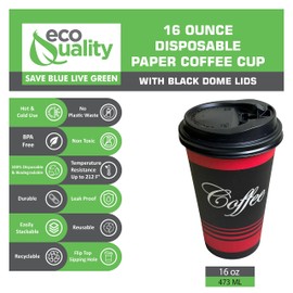 EcoQuality Durable Disposable Paper Cups & Dome Lids For Hot/Cold Drink, Coffee, Tea, Cocoa, Travel - Large 16 Ounce Cups, 50 Count Cups & Black Lids