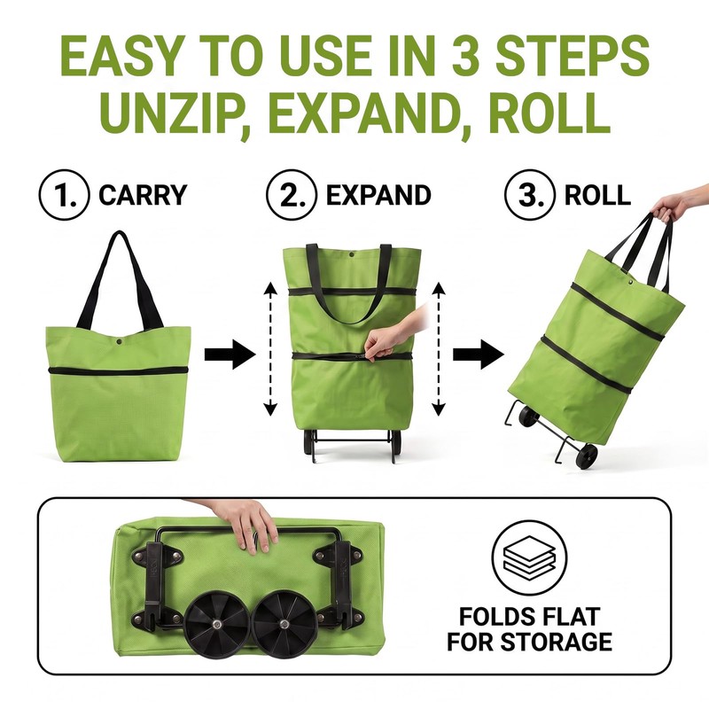 One 2-in-1 Foldable Shopping Bag with Wheels, Collapsible Trolley Cart