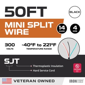 Iron Forge Cable 14/4 Mini Split Wire - 50ft, 300V, 14 Gauge 4 Conductor Wire with Connectors and Tape - 14-4 Copper Conductor Cable UL/ETL Certified