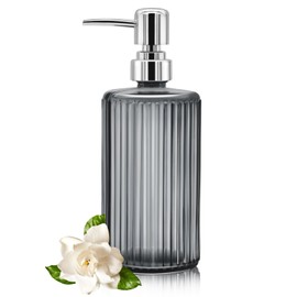 Glass Soap Dispenser - 17oz Ribbed Clear Glass Bottle with 304 Stainless Steel Pump, Refillable Soap Dispenser for Hand Dish Lotion Shampoo Conditioner for Kitchen Bathroom Countertop (Grey)