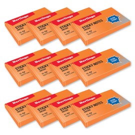 Berlingo Sticky Note Pad, 50 x 75 mm, 12 Pads, 80 Sheets per Pad, Sticky Notes for Notes and To-Do Lists, Ultra Sticky Series, Neon Colours, Orange