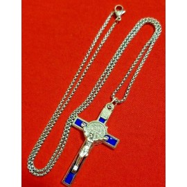 Silver PLATED CROSS with blue enamel  2 inches and 24 inches  CHAIN