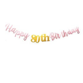 Rose Gold Happy 80th Birthday Banner Sign Gold Glitter 80 Years Birthday Party Decorations Supplies Anniversary Celebration Backdrop Pre-Assembled (Rose Gold)