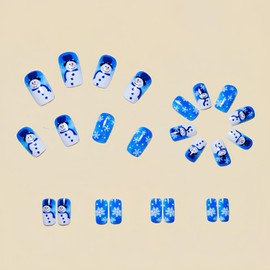 TBRZTR Christmas Blue Press on Nails Short Cute Snowman False Nails With White Snowflake Design Full Cover Glossy Glue on Square Acrylic Xmas Stick on for Women 24Pcs