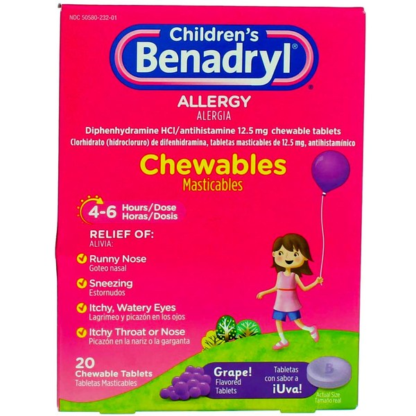 Benadryl Children's Allergy Grape Chewables, 20 Count Per Box (5 Pack)