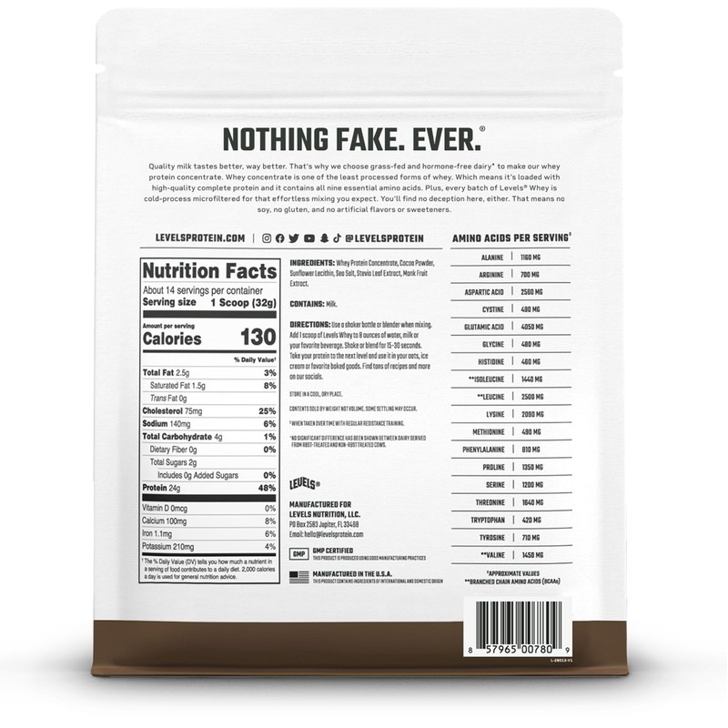 Levels Grass Fed Whey Protein Powder, No Artificials, 24G of