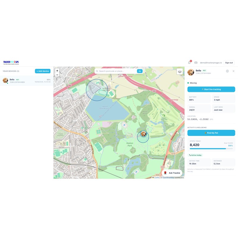 Dog GPS Tracker Real-Time Location, IP68 Waterproof 45g, 365-Day History