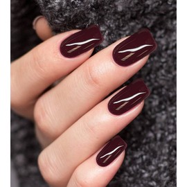 Press on Nails Medium Length- Morily Burgundy Fake Nails Square Shaped, Solid Color Glossy Squoval Stick on False Fingernails for Women - 24Pcs in 12 Sizes