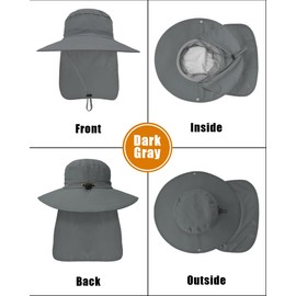 Outdoor Sun Hats with Stowable Neck Flap for Men Women UPF 50+ Mesh Summer Bucket Hat Wide Brim for Fishing Safari Hiking Dark Grey