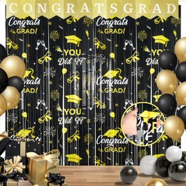 We1stdsee 2025 Graduation Party Decoration with 2Pcs Black Gold Tinsel Foil Fringe Curtains Backdrop & 1Pcs Graduation Banner, Photo Booth Prop Backdrop for Graduation Party Decoration