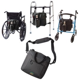 Rollatote Go-Getter Lightweight Nylon, Easy Hook On & Off Messenger Bag for Walkers, Rollators, Wheelchairs, Scooters, Bottle Holder, Soft-Lined Glasses Pocket, Padded Interior (Black)