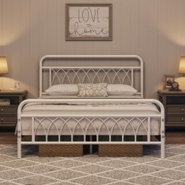 Yaheetech Queen Bed Frame Metal Platform Bed with Petal Accented Headboard/Footboard/14.4 Inch Under Bed Storage/No Box Spring Needed, White