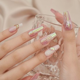 10pcs Handmade Pink Butterfly Iridescent Press On Nails fake Nails Reusable Acrylic Nails Korean Nails Long Coffin Shape with Gem Accents, Glitter & Chains Kits included (Medium)