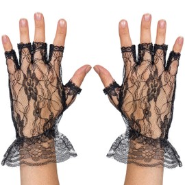 Skeleteen Fingerless Lace Black Gloves - Ladies and Girls Ruffled Lace Finger Free Bridal Wrist Gloves