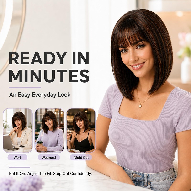 Black-Brown Bob Women Wigs with Bangs 12 Inch Short Straight