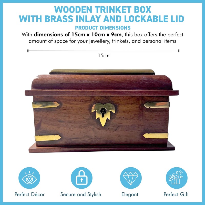 Thorness Wooden lockable Trinket Box with brass inlay, decorative detailing,