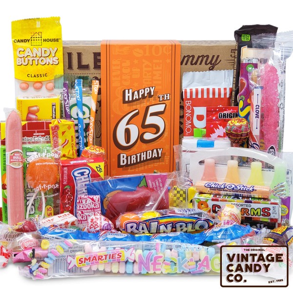 VINTAGE CANDY CO. 65TH BIRTHDAY RETRO CANDY GIFT BOX - 1955 Decade Childhood Nostalgia Candies - Fun Funny Gag Gift Basket - Milestone 65 Years Birthday - PERFECT For Man Or Woman Turning Sixty Five