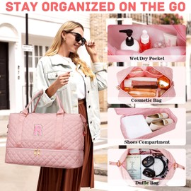Gifts for Women Birthday Christmas Initial Travel Duffle Bag Quilted Weekender Bags Carry-On Overnight with Cosmetic Bag, Gym Bag with Shoe Compartment Hospital Bag for Women Labor Delivery, Pink-R
