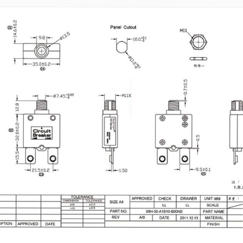 DIYhz Thermal Circuit Breaker,98 Series 50A 125/250VAC 32VDC Bottom Screw