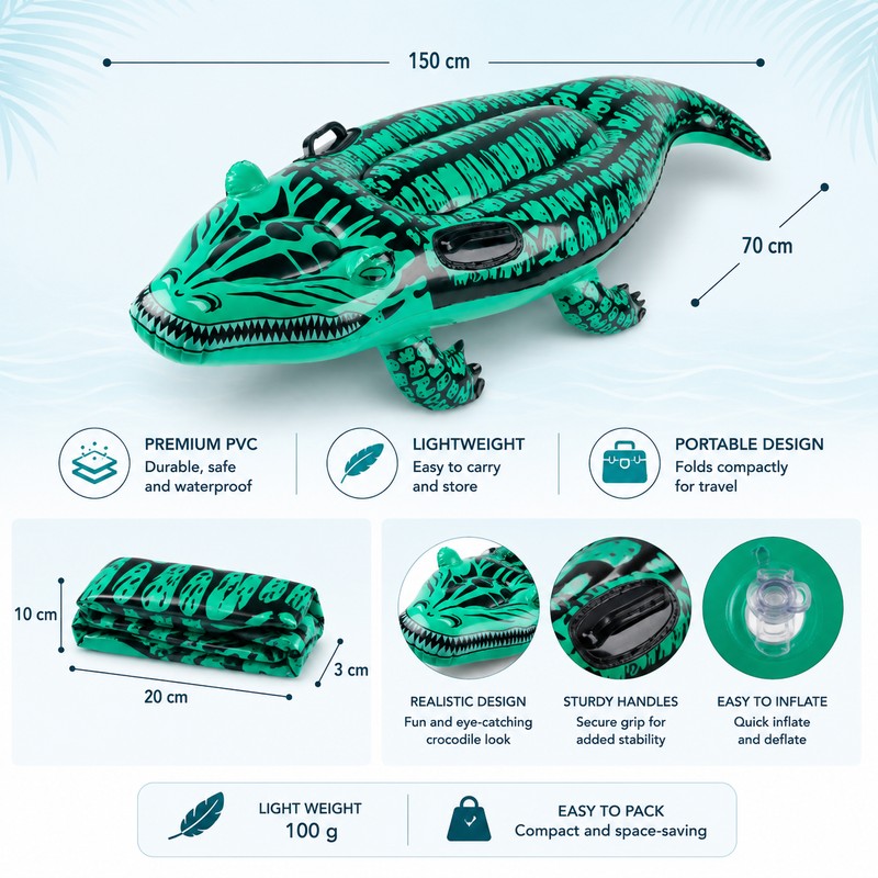 Crocodile Inflatable Ride-On Pool Float for Summer Fun – PVC