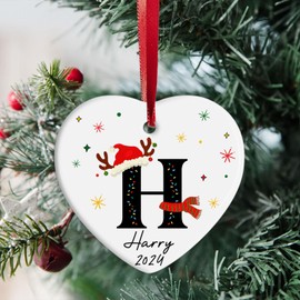 Letter Name Ornaments 2024, Initial Name Christmas Ornament, Monogram Uppercase Alphabet Heart Shaped Ceramic Ornament, Custom Letter Ornament A-Z, 26 Letters Ornaments, Name Tags Gift Idea (Letter H)