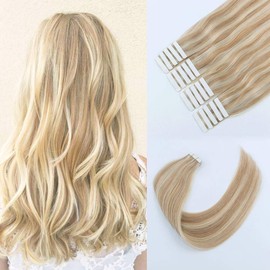Sixstarhair Highlight Tape in Hair Extensions Double Sided Dark Dirty Blonde Mixed with Ash Blonde P12-60 Remy Human Hair Premium Glue in Hair Extensions [Color P12-60 18inch]