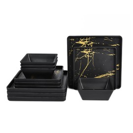 Yummost Melamine Dinnerware Sets - 12pcs Square Plates and Bowls Sets For 4, Indoor Outdoor Use, Dishwasher Safe, Black & Gold
