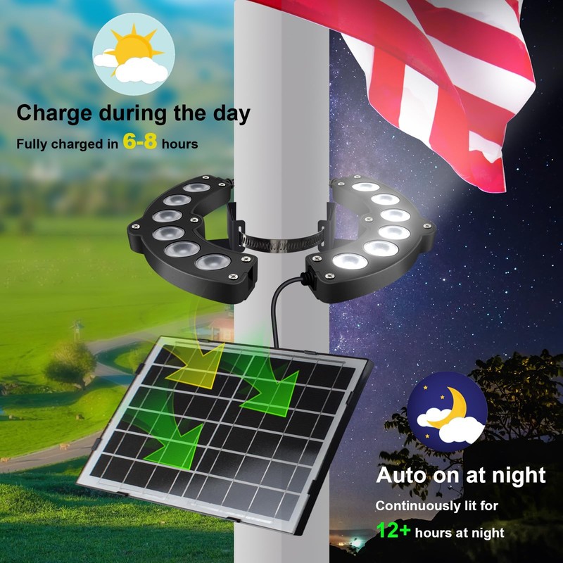 Flag Pole Light Solar Powered 6000K Brightest Solar Flag Pole