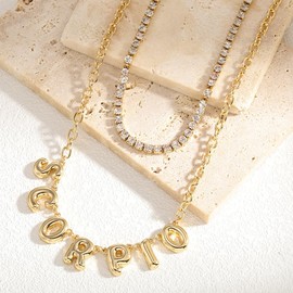 Madison Tyler Zodiac Bubble Letter Necklace Gold | Rhinestone Necklace for Women | Trendy Layered Necklaces for Women 2024 | SCORPIO Necklace for Women | Birthday Gifts Astrology Gifts for Women
