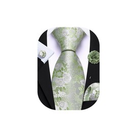 Barry.Wang Sage Green White Tie with Flower Lapel Pin for Men Floral Silk Necktie Pocket Square Cufflinks Set Formal Wedding Party Business