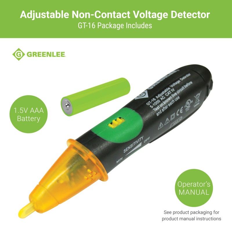 Greenlee GT-16 Adjustable Non-Contact Voltage Detector, 5V - 1000V AC,Green,