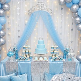 Blue 3 Pcs Princess Party Decor, Glitter Felt Crown, 2.5x8ft Tulle Curtain