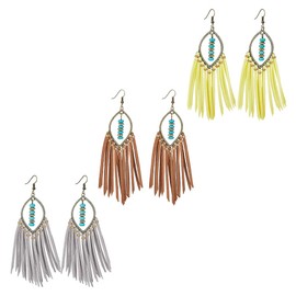 UNICRAFTALE 3 Pairs 3 Colors Bohemian Fringe Leather Earrrings Handmade Tassel Drop Earrings Long Tassel Dangle Earrings Vintage Ethnic Tassel Earring Dangle Earrings for Women