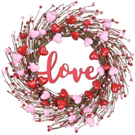 Waipfaru Valentine Decorations - 18in Wreath with Love Sign, Artificial Wreath for Front Door, Heart Berries Valentine Decor