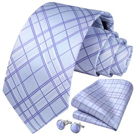 HISDERN Mens Purple Ties Plaid Silk Necktie with Pocket Square Cufflinks Set Plum Formal Check Tie Handkerchief for Men Wedding Classic 3.4''