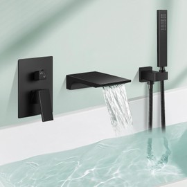 FAHKNS Wall-mounted Bathtub Faucet Black Matte, Bathtub Filler Faucet Solid Brass with Single Handle Handheld Shower and Water Pressure Balance Valve