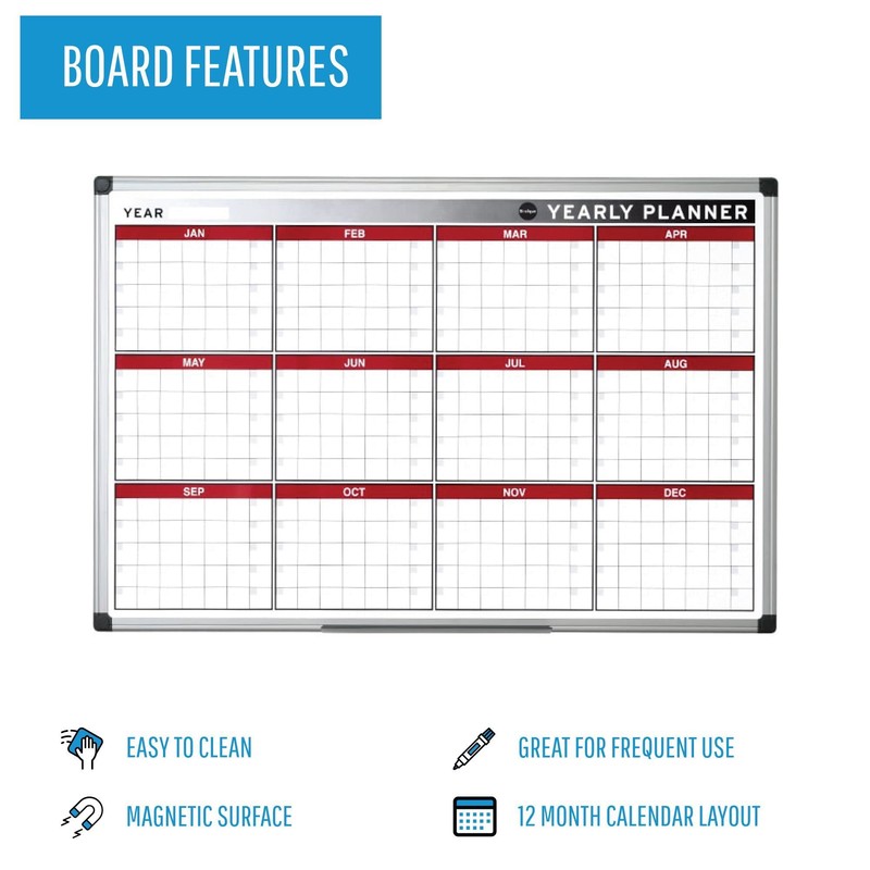 Mastervision Magnetic Yearly 12 Month Dry Erase Planner White Board,