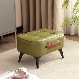 1pc Vintage Style Faux Leather Ottoman Footstool - Wooden Frame, Upholstered Interior, Multi-Use Footrest for Living Room, Entryway, Office (Azure Green)