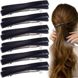 STSTR 6PCS French Barrette Hair Clips for Women, 2.56 Inch Small Tortoise Shell Hair Clip, Curved Glossy Thin Hair Flat Hair Accessories for Women - Black, Crossed Style