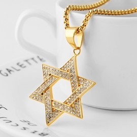 HZMAN Star of David Necklace for Men Women Stainless Steel Cubic Zirconia Hexagram Pendant Jewish Israel Jewelry Gift (Gold)