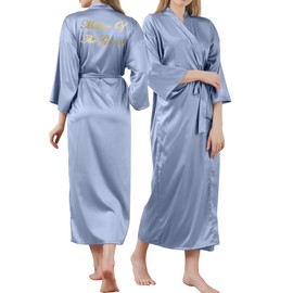 owiter LONG Satin Robe for women Bride and Bridesmaid Dressing robe for Wedding Party 6052 (grey blue mother of the groom, one size)