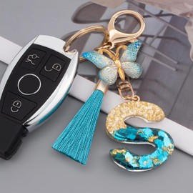 Suweibuke Cute Pink Key Chains for Women Girls, Initial Letter Keychains with Tassel, Charms for Key Purse Handbags Backpacks, Blue Ocean-s, Average Size