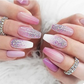 IFMOPETY 24Pcs Pink Press on Nails Long Coffin Nails for Women,Glitter Pink Gradient Glossy Nails,Fake Nails Set with Nail Glue(Lovely Peach)