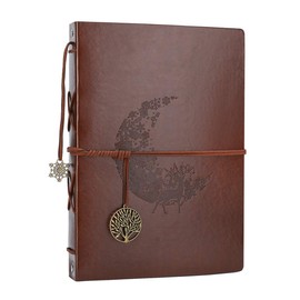 AIOR Photo Album Scrapbook, Vintage Leather Scrap Book Refillable Black Pages Memory Book,Christmas Thanksgiving Birthday Gift for Mum Him Her, Wedding Anniversary Present for Men Women (Moon Deer)