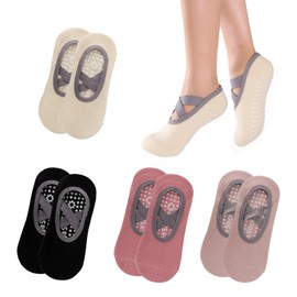 QBEJIME 4 Pairs Pilates Socks For Women Non Slip, Grip Yoga Socks, For Women Non Slip, Reformer Pilates Sock With Straps For Fitness, Ballet, Home Workout