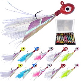 Bombite Oval Crappie Jig Heads with Hand-Tied Feather Rainbow Skin, 10/20pcs Crappie Fishing Lures Kit for Bass, Trout, Walleye, Panfish, Sunfish, 1/32oz, 1/16oz, 1/8oz