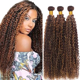 Hxxcoup Sew-in Bundles Real Hair Wefts for Sewing Human Hair Bundles Curly Wave P430 Highlight Brown Double Weft Extensions 26 28 30 Inches with Minimal Smell Minimal Tangle, 100 g/pc for Women