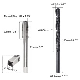 uxcell Metric Tap and Drill Bit Set, M9 x 1.25 Thread Tap & 7.8mm Black Oxide Twist Drill Bit, Straight Flute Tap Tapping Threading Repair Tool Kit