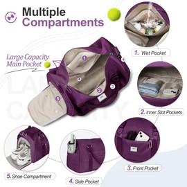 FIORETTO Womens Gym Sports Bag Travel Bag with Shoes Compartment & Wet Pocket, Weekend Overnight Duffle Hospital Bag Carry On Bag Holdall for Travel Swimming Dark Purple